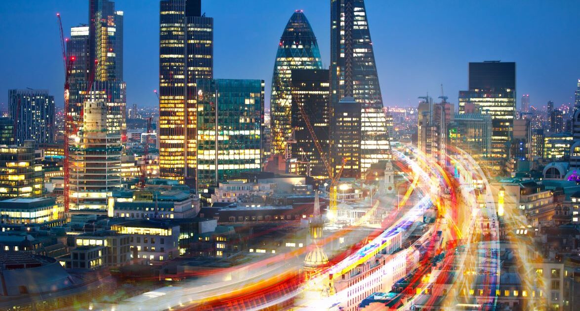 London at night with light trails in the foreground