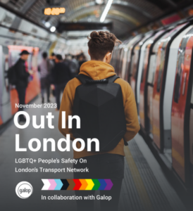 Out in London report front cover, showing the back of a man in an underground tube station